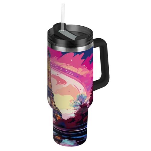 Paris Eiffelturm Trinkflasche Wasserflasche mit Strohhalm für Sport, Thermosflasche BPA-frei Isolierflasche Edelstahl für Kinder Wandern Schule Im Europäischen Stil