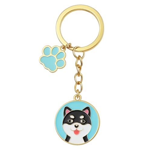DONWOIE Hund Schlüsselanhänger – Shiba Schlüsselband als Damen Taschenanhänger mit weißem Pfotenabdruck & grüner Fliege, Niedlich Schlüsselringe Geschenk für Hundefreunde – Blau