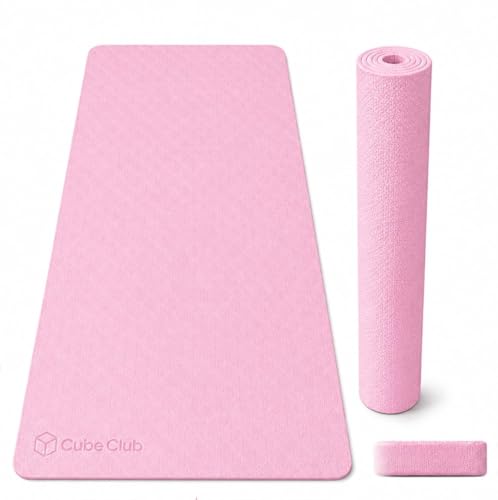 Image of The Cube Club Yoga Mats Extra Thick Non Slip Exercise Mats for Workout with Carrying Strap & Bag Eco Friendly AsanaTPE Yoga Mat for Men & Women 6MM Gym Mat (Pink, TPE Mat)