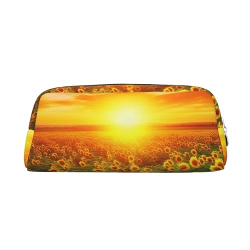 BSCKKDMN レザー 筆箱 かわいい ジッパー ペンシル ポーチ ペンバッグ 多機能 旅行 メイク コスメ バッグ 夢のような 夕日 ひまわり畑 キーポーチ 女性 男性 仕事 オフィス