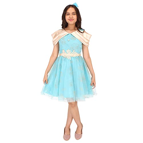 Image of Cutecumber Girls Satin,Organza & Net Fit & Flared Floral Printed Dress with Hairband.CC7175D-AQUA