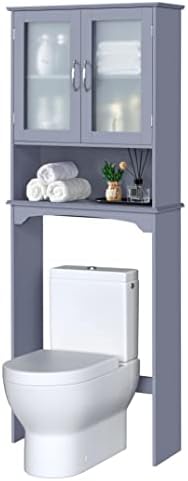 Yaheetech Over The Toilet Storage Cabinet, Free Standing Toilet Rack with Adjustable Shelves and Tempered Glass Doors for Bathroom Washroom, Grey