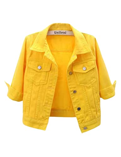 Unilexi Womens 3/4 Sleeve Colored Cropped Denim Jacket Light Wash Short Jean Jacket Trucker Coat(0096-Yellow-XL)
