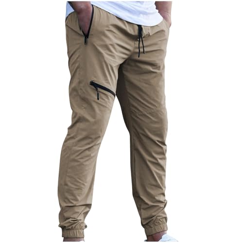 Men’s Zipper Pocket Cargo Pants Elastic Waist Drawstring Joggers Trousers Solid Color Comfort Lightweight Pants