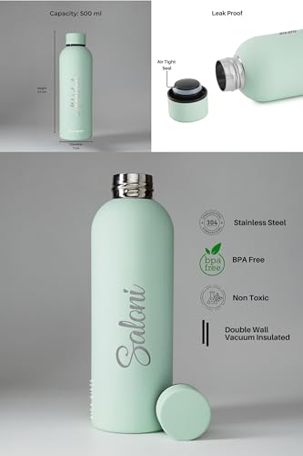 Image of AICA Personalized Name Stainless Steel Water Bottle -500ml -12Hrs Hot & 18Hrs Cold (Pistagreen) |Customised Gift For Man Woman Girl Boy