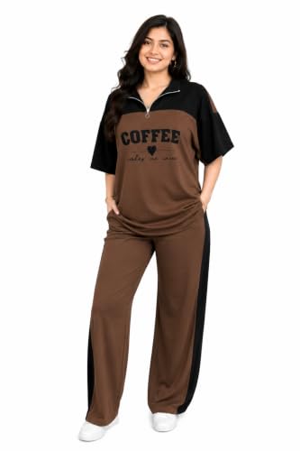 Image of Women's Printed Night Suit Set | Half Sleeve Zip Neck Top & Wide Leg Pyjama | Soft Cotton Blend Two Piece Sleepwear | Relaxed Fit Lounge Wear & Home Wear for Women
