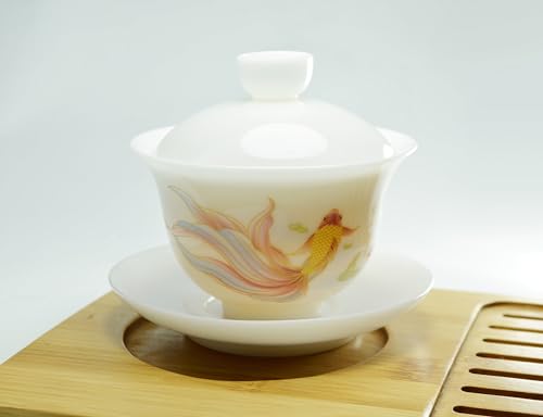 Image of Liang baobao Ice Jade White Porcelain Gaiwan,5oz Teacup Suet-fat Jade Porcelain Chinese Tea Cup Set for Gongfu Tea (fish)