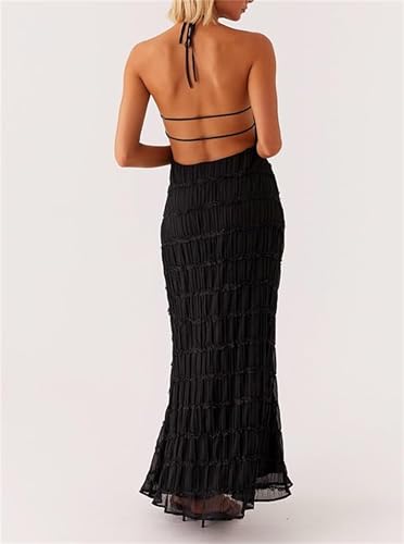 Image of Women Halter Ruched Maxi Dress Backless Sleeveless Long Dress Bodycon See Througn Pleated Sundress Beachwear