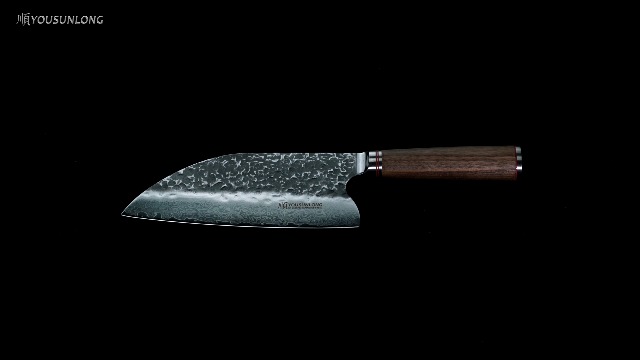 YOUSUNLONG Hybrid Cleaver Outdoor Heavy Duty Butcher Knife 8" Hammered Damascus Natural Walnut Leather