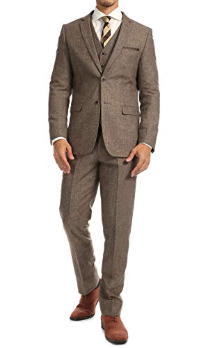 Ferrecci Men's York Brown Herringbone Slim Fit 3 Piece Suit - 44L