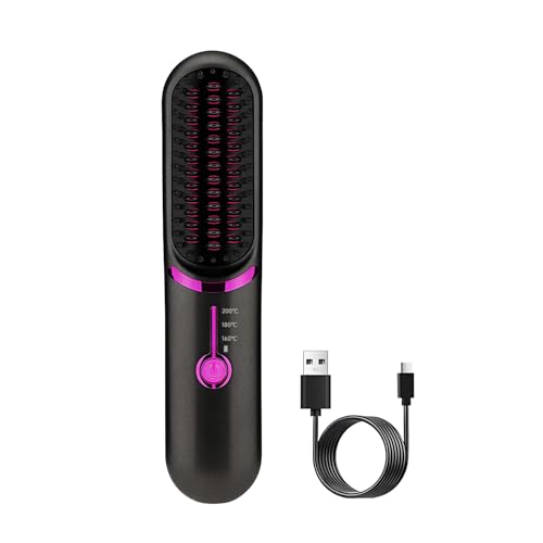 QUMOX Cordless Hair Straightener Brush, Portable Straightening Brush for Travel, Mini Hot Ionic Straightener Comb for Women, Ceramic Coating, Lightweight for Touch-ups (Charger Not Included)