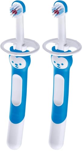 Image of MAM Training Toothbrush for Babies (1 Baby's Brush with Safety Shield), Baby Toothbrush with Brushy The Bear Character, Interactive App, for Boys 5+ Months, Blue (Pack of 2)