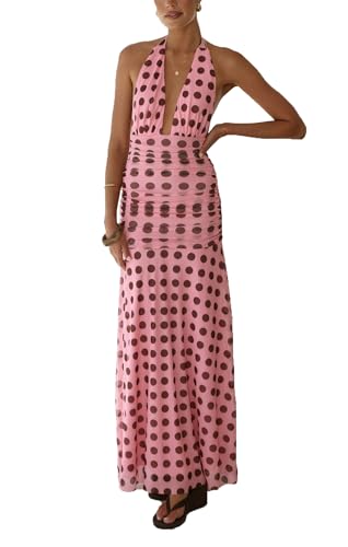 cffdviz Vestido De Vacaciones De Verano para Mujer con Estampado De Lunares Sexy Escote En V Halter Espalda Descubierta con Lazo Trasero Vestido Bodycon De Malla,Rosado,XL