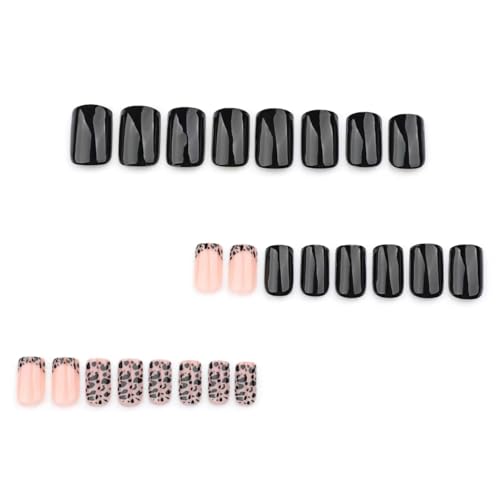 Image of Black Press on Nails Leopard Print Fake Nails with French Tip Design Glossy Glue on Nails Short Square False Nails Artificial Acrylic Full Cover Stick on Nails for Women Girls Nail Decoration 24Pcs