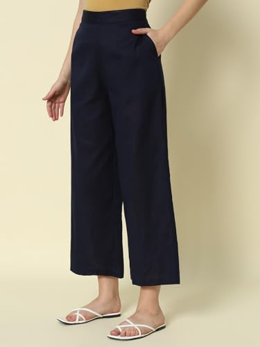 Image of FIORRA Womens Loose Mid Rise Cotton Solid Palazzo