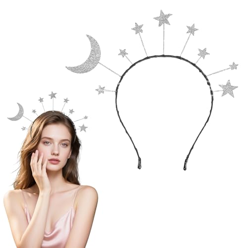 Haarreif Sterne Haarreif Sterne Silber Damen Mond Sonne Galaxy Karneval Weltall und Space Planeten Kopfschmuck Weltraum Alien Glitzer für Geburtstag Kostümparty