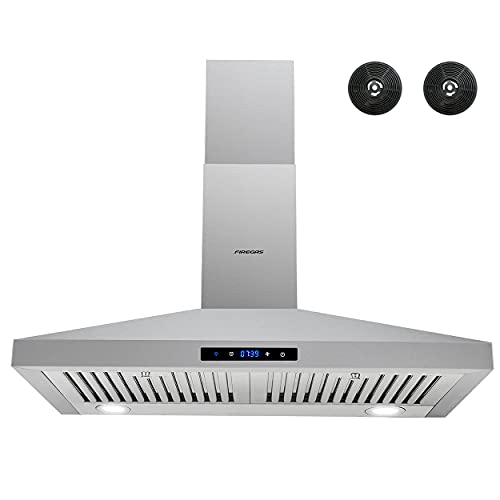 FIREGAS 30 inch Ducted Wall Mount Range Hood in Stainless Steel with Touch Controls,3 Speed Exhaust Fan,LED Lights,Chimney-Style Stove Vent with Ducted Convertible Ductless,Charcoal Filter included