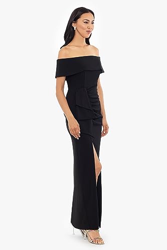 Image of Xscape Women's Off Shoulder Straight Neck Evening Gown with Foldover Cuff, Side Ruffle, Leg Slit, Fitted Formal Dress