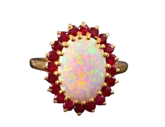 Vintage Fire Opal & Red Garnet Ring for Women – 925 Sterling Silver with 14K Gold Plated Unique Flower Design Engagement Ring Birthday Jewelry Gift
