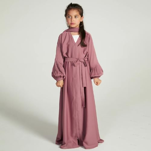AWIBMK Girls Abayas Pleated layered Open Abaya Dubai Kaftan Prayer Dress with Belt Kids Islamic Muslim Cardigan Kimono Robe2