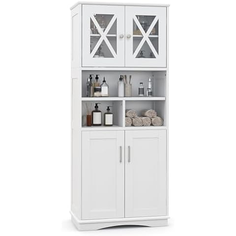 COSTWAY Tall Bathroom Cabinet with Adjustable Shelves Cover