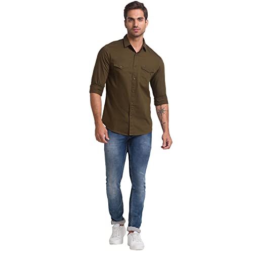 Image of Spykar Men's Slim Fit Flat Collar Full Sleeve Solid Casual Shirts