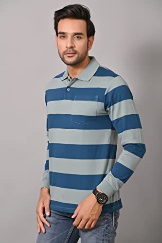 Image of ARBOUR Men Polo Neck Stripes Pocket Full Sleeves T-Shirt