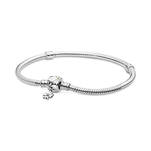 PANDORA Garden Braccialetto in maglia snake con chiusura a forma di margherita, in argento Sterling con cristalli gialli e smalto bianco, 20