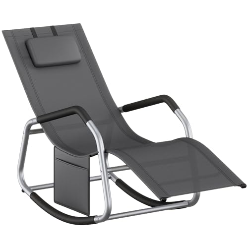SONGMICS Mecedora, Silla Tumbona, con Dispositivo de Fijación, Cojín Ajustable, Marco de Acero, Tela Transpirable, Bolsillo de Almacenaje, 151 x 56,2 x 97,3 cm, Gris Oscuro GCB230GZ02