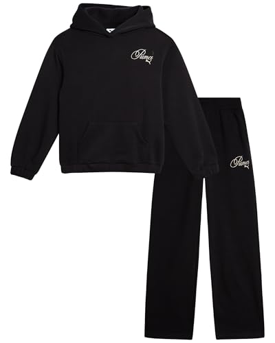 PUMA Girls Pants Set - 2 Piece Fleece Pullover Kids Hoodie Sweatshirt and Girls Wide Leg Flare Sweatpants Set (Sizes: 7-14)