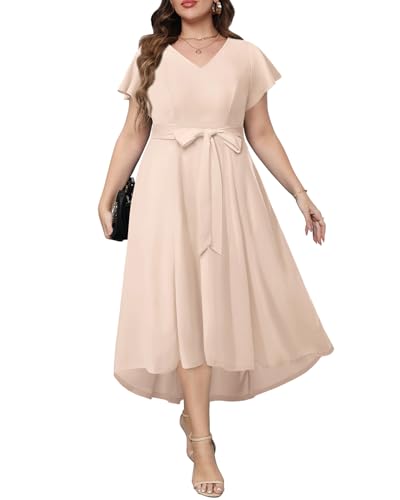 Pinup Fashion Hochzeitskleid in Übergröße, formell – Flatterärmel, Cocktail-Party, High-Low-Kleider mit Taschen, Beige, 50 Mehr