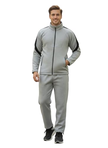 Image of CHKOKKO Men's High Neck Winter Tracksuit Set with Full-Zipper Upper & Elasticated Waist Jogger Pants | Warm Soft Solid Activewear for Gym, Running & Casual Use LGTGREYBLK M