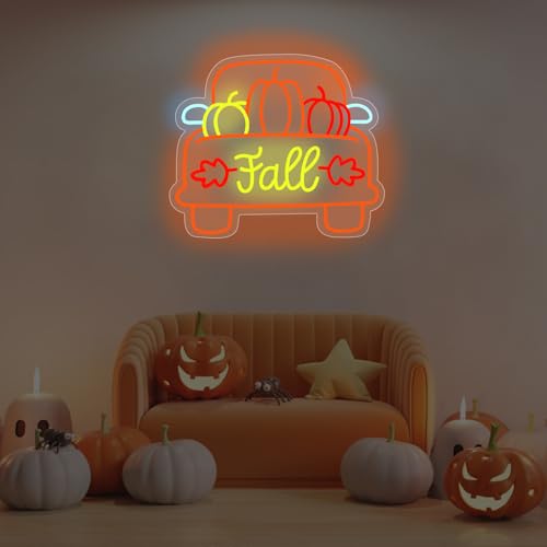 Image of Thanksgiving Pumpkin Carriage Led Neon Sign, Fall Truck LED Light, Fall Thanksgiving Decor LED Neon Light Pumpkin Truck Neon Sign Autumn Home Farmhouse Decor,15.2 inchx13 inch
