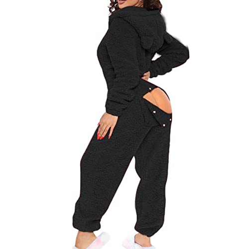 Auwer Sexy Adult Onesie Pajamas for Women Butt Flap Fleece Hooded One Piece Pajamas Womens Fluffy Sleepwear Black