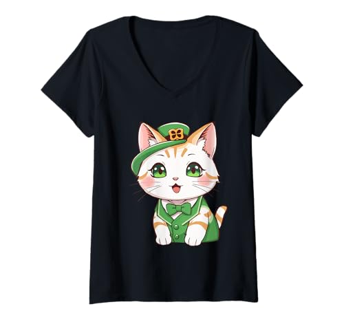 Donna Carino Kawaii Cat St Patricks Day Pattys Day Irish Kitty Maglietta con Collo a V