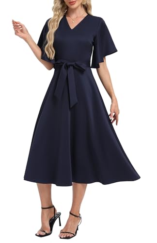 Image of DNFUN Women's Cocktail Dresses 2025 Formal Wedding Guest Church Modest Christmas Party Prom Dress Navy