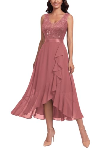 Image of Miusol Women's Vintage V-Neck Sleeveless Sequined Floral Lace Ruffle Split Evening Party Dress | Deep V-neck, sleeveless, sequin lace, ruffle design dress, suit for cocktail party, wedding and banquet
