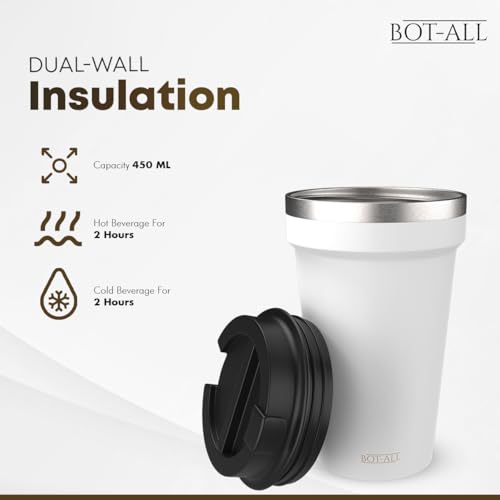 Image of BOT-All LITE Premium Mug, Made with 304 Stainless Steel Inner Layer & PS Plastic Outer Layer, Lightweight and Portable, Perfect for Hot and Cold Beverages, Easy to Carry (White - 500 ml)