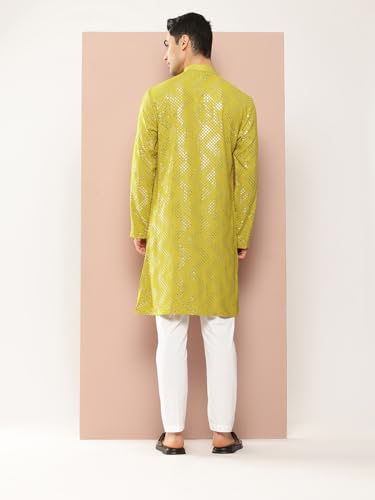 Image of See Designs Men's Long Sleeve Side Slit Chanderi Silk Sequins Mandarin Collar Kurta