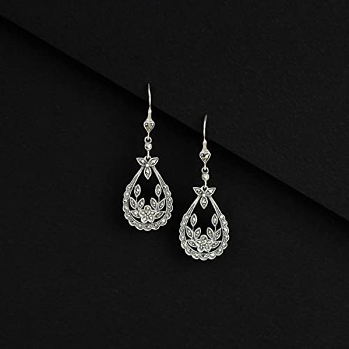 Sterling Silver 925 Marcasite Ear Wire Floral Dangle Earrings4