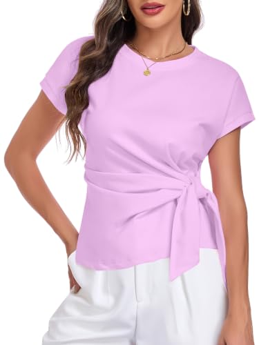 Image of HOTIAN Womens Cap Sleeve T Shirts 2026 Tie Waist Wrap Tops Crew Neck Blouses Dressy Casual Loose Work Business Dressy