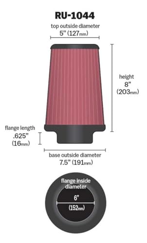 Image of K&N High-Flow Original Lifetime Universal Clamp-On Air Filter: High Performance, Premium, Washable: Flange Diameter: 6 In, Filter Height: 8 In, Flange Length: 0.625 In, Shape: Round Tapered, RU-1044