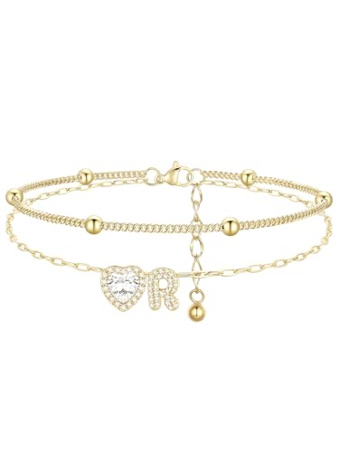FindChic FindChic Silver/14K Gold Plated Layered CZ Initial Ankle Bracelet for Women