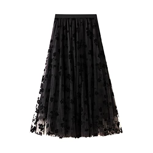 SotRong Tüllrock Schwarz Damen Midi Überlagerter Mehrlagiger Elastischer Hoch Taillierter A Linien Tutu Rock Mesh-Chiffon-Faltenrock mit Blumendekoration