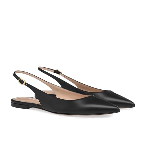 Women Leather Closed Pointed Toe Flat Sandals With Adjust Ankle Strap Elegant Slip On Comfortable Slingback Low Heel Soft Sole Dress Ballerina Flats For Work Office Causal Walk4