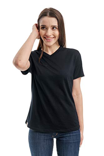 Merino.tech T-shirt en laine mérinos pour femme - 100 % laine mérinos couche de base pour femme T-shirt à manches courtes, Col en V noir uni, Taille M Cover