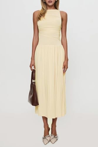Image of Womens Summer Casual Midi Maxi Dress 2026 Sleeveless Ruched A Line Flowy Cocktail Wedding Guest Beach Long Sundress