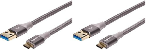 Image of Amazon Basics USB-C to USB-A 3.1 Gen 1 Fast Charger Cable, Double Braided Nylon Cord, 5Gbps High-Speed for Apple iPhone 16 /15, iPad, Samsung Galaxy, Tablets, Laptops, 10 Foot, Dark Gray (Pack of 2)