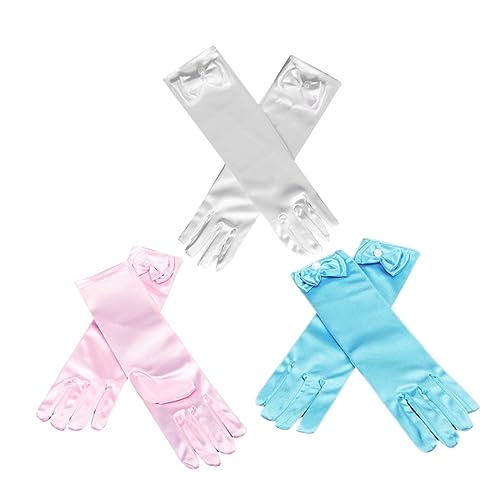 1set Satin Dress up Gloves for Girls of Long Gloves White Pink Light Blue for Weddings Parties Ballet Dance and Pageants Bowknot Design