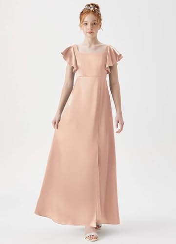 TIANMEI Satin Junior Bridesmaid Dresses with Slit Square Neck Flower Girl Dresses for Wedding4
